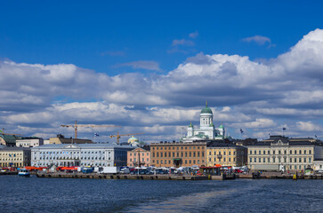 Scenic view of Market Square and Helsinki Cathedral from the sea, Finland.