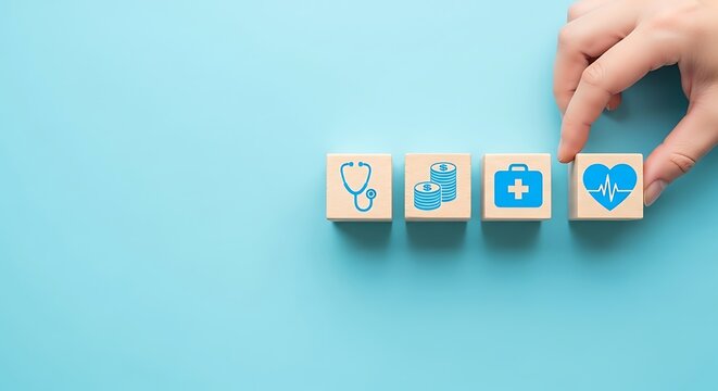Health insurance and savings: Hand places a wooden block with a heart rhythm and cross icon, representing medical care and financial well-being.