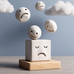 Minimal surreal human face with floating emotion icons, modern psychology concept, copy space