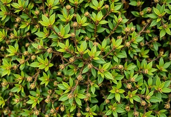 Obraz premium Dense, thorny bush with vibrant green leaves and small, prickly branches, texture, ecology