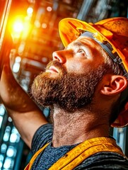 Focused Engineer in Hard Hat Inspecting Bright Light in Industrial Setting
