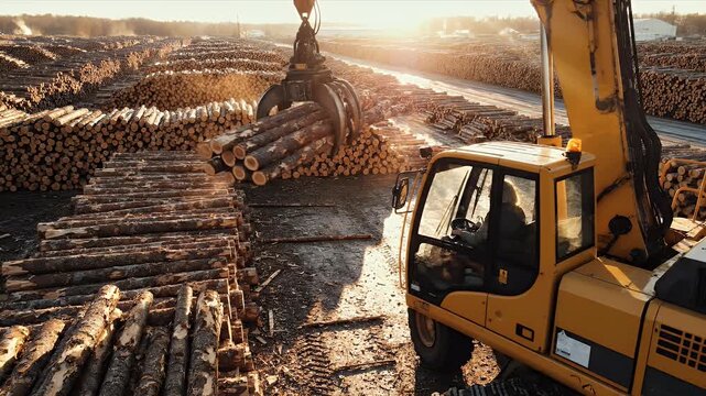 An excavator loads logs at a timber yard during the golden hour.