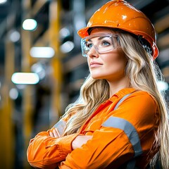 Confident Female Engineer in Orange Safety Hardhat and Glasses in Industrial Workplace