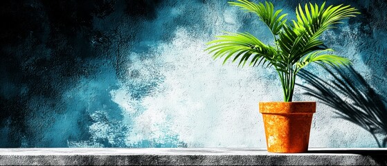 Tropical Potted Palm Plant on Concrete Shelf with Textured Blue Wall Background