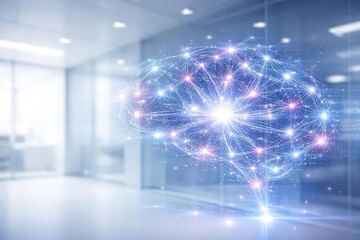 Futuristic digital brain hologram floating in modern office corridor