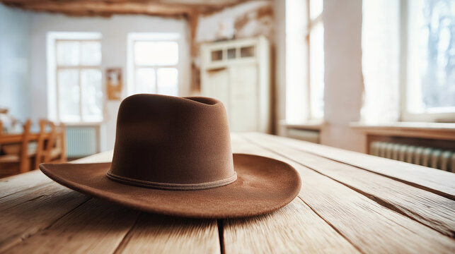 Brown felt hat on a rustic wooden table in a well lit room, evoking concepts of travel, history, and craftsmanship