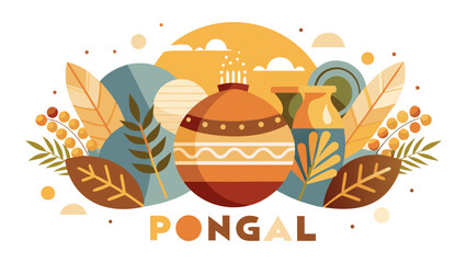 Happy Pongal poster, abstract harvest-inspired shapes forming a Pongal theme, modern artistic illustration, soft earthy colors, minimal poster style, white background