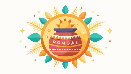 Happy Pongal poster, circular festival badge design with Pongal pot, sun, and kolam patterns, flat modern illustration, pastel color palette, clean white background, versatile poster and print design