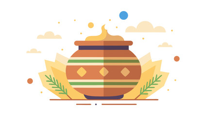 Happy Pongal poster, simple icon-style clay pot with subtle steam lines, geometric shapes, modern minimal poster design, pastel earth tones, large copy space, white background, clean vector illustrati