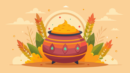 Happy Pongal poster, traditional clay Pongal pot boiling over with rice, symbol of abundance and harvest, clean minimal poster design, warm pastel tones, South Indian festival aesthetic, centered comp