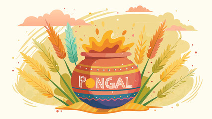 Happy Pongal poster, watercolor illustration of clay Pongal pot and sugarcane, soft hand-painted texture, warm pastel tones, gentle festival mood, centered composition, white background, artistic post