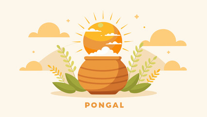 Happy Pongal poster, peaceful morning harvest mood with Pongal pot and rising sun, soft pastel lighting, minimal illustration, clean white background
