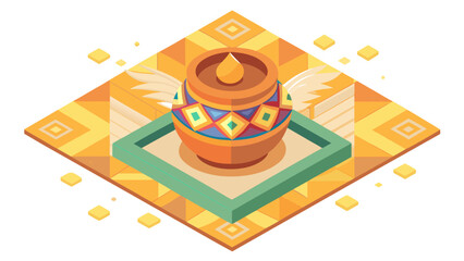 Happy Pongal poster, isometric illustration of Pongal pot placed on kolam pattern floor, soft pastel palette, minimal festive details, modern isometric poster style, white background, no characters