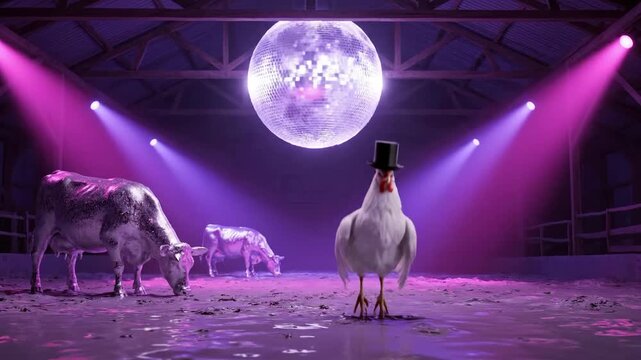 Chicken in Top Hat Dances at Disco Barn Party with Silver Cows