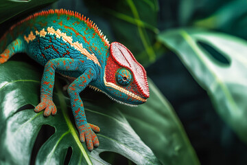 Side view of a vividly colored chameleon with turquoise and orange hues perched on a large tropical leaf