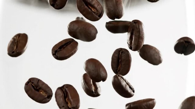Dark roasted coffee beans falling with motion blur against a bright white background