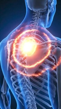Human back skeleton with glowing shoulder pain suitable for medical, educational, and wellness content on conditions and injuries related to shoulders.