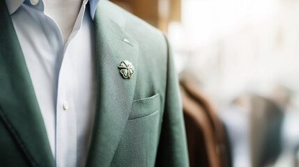 Green suit jacket on a mannequin, styled with a white shirt and a four leaf clover lapel pin, embodying luck and St. Patrick's Day fashion