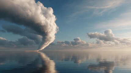 A dramatic funnel cloud descends from turbulent storm clouds over a calm reflective ocean surface