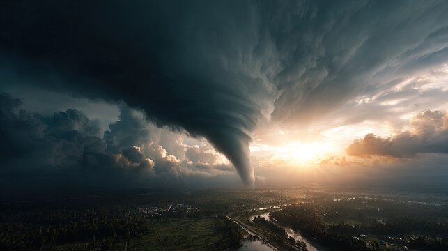 A powerful tornado descends from dark dramatic storm clouds over a rural landscape with a river and distant town illuminated by sunset - Powered by Adobe