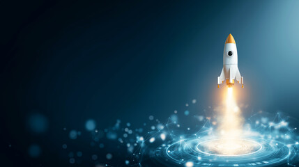 Rocket taking off from a futuristic digital sphere with glowing connections, representing new business ideas and progress