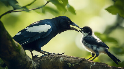 A magpie feeds its chick on a branch amidst vibrant green foliage, embodying parental care