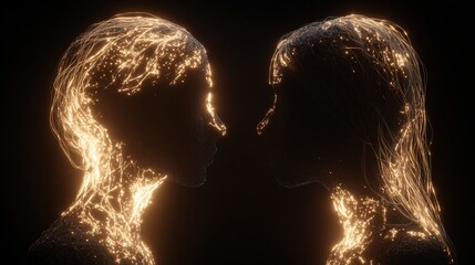 Two human silhouettes connected by flowing light threads, emotional connection concept, surreal 3D illustration, trust and togetherness theme, minimal background, copy space right