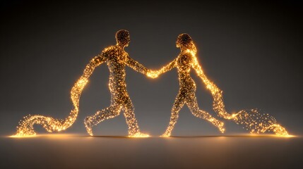 Two human silhouettes connected by flowing light threads, emotional connection concept, surreal 3D illustration, trust and togetherness theme, minimal background, copy space right