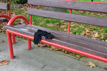 Black gloves resting on a wooden park bench with red metal supports, surrounded by fallen leaves...