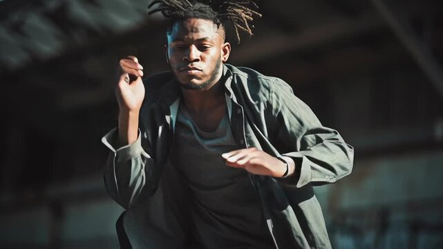 Dynamic hiphop dance street culture scene, expressive urban body movement, confident attitude and rhythm, candid mid-motion capture, dramatic natural lighting, realistic motion blur and textures