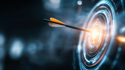 Arrow striking the center of a futuristic digital target, symbolizing perfect accuracy, successful objective attainment and precise execution
