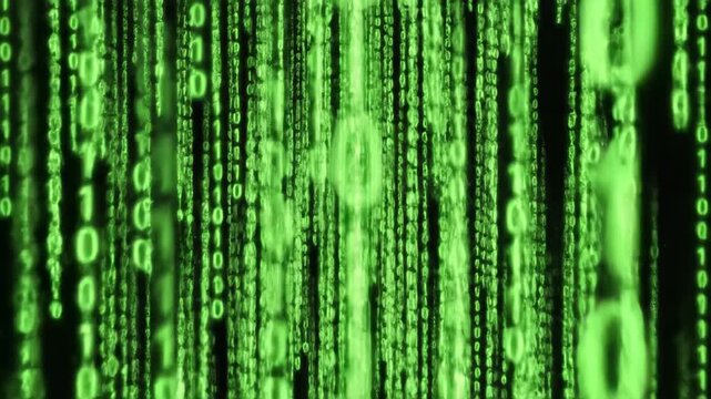 Green binary code falling digits on black background