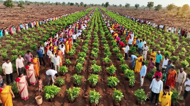 Large group of people planting saplings in neat rows across a large field