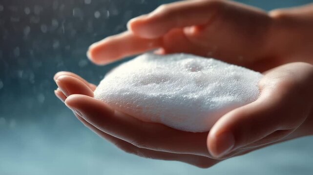 Hands hold a bar of soap with bubbles in a bathroom setting during a cleaning activity