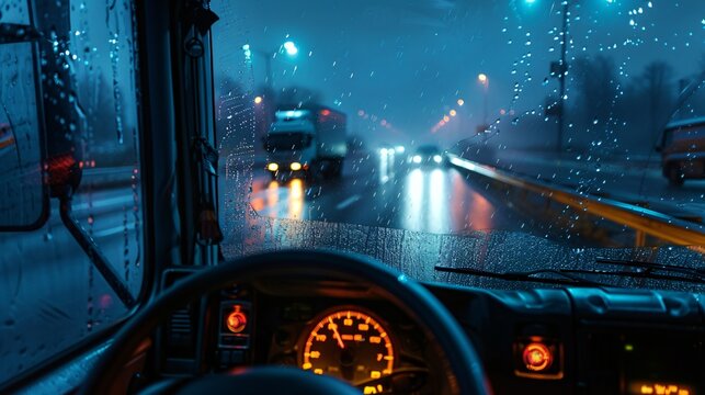 Atmospheric view from the driver's perspective inside a truck cabin looking out at a rainy highway at night. Blue tone image with raindrops on the windshield and blurred city lights.