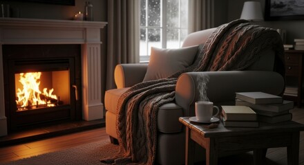 Obraz premium Cozy Living Room Scene with Fireplace and Armchair.