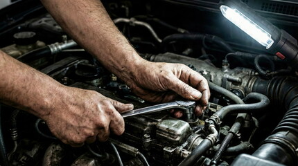 Mechanic's hands meticulously repairing a car engine with a wrench under a bright work light. Automotive maintenance and skilled labor.