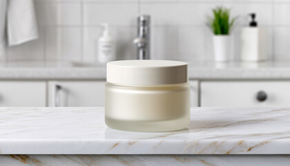 Fototapeta premium A jar of cosmetic cream sits on a marble countertop in a bright, modern bathroom setting with blurred background elements