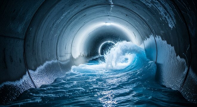 Water flows inside pipe creating waves and splashes in dark tunnel