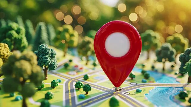 Red gps map pin on miniature city map with trees and bokeh background