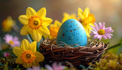 A colorful tradition of painted Easter eggs rests nestled within a decorative wicker basket and a spring nest surrounded by seasonal flowers and green grass for a holiday celebration