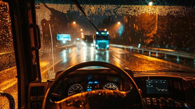 Atmospheric view from the driver's perspective inside a truck cabin looking out at a rainy highway at night. Blue tone image with raindrops on the windshield and blurred city lights.