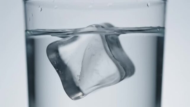 Close-up of a single ice cube floating in a clear glass of water, refreshing and cool.