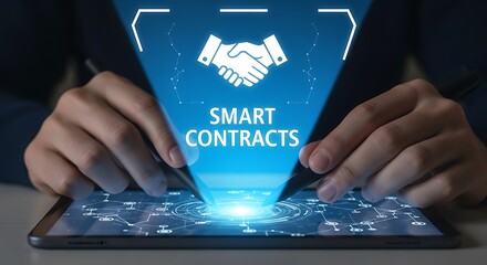 A person's hands interacting with a tablet displaying a holographic projection of "SMART CONTRACTS" and a handshake icon, symbolizing digital agreements and blockchain technology.