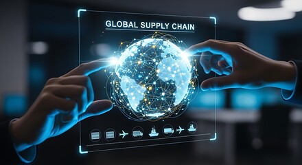 Two hands interacting with a futuristic holographic display showing a global supply chain network with interconnected nodes and transport icons.