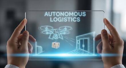 Futuristic Autonomous Logistics Drone Delivering Package in Digital Warehouse.