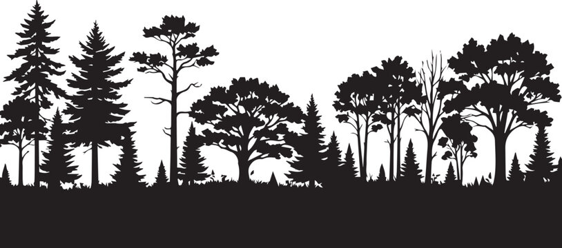 Diverse forest silhouette vector landscape illustration with various coniferous and deciduous trees line art