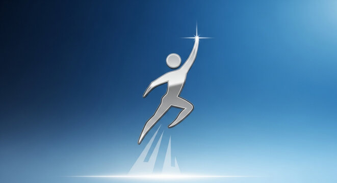 A silver humanoid figure leaps dynamically against a radiant blue background arms outstretched with a star