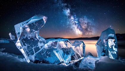 Obraz premium Brilliant Ice Crystal Fragments Under Starry Night Sky Landscape