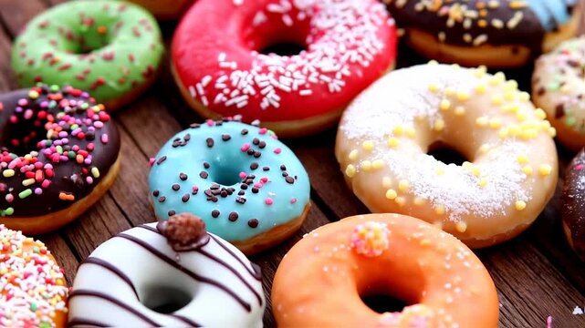 Assorted colorful donuts with sprinkles, perfect for sweet indulgence and celebrations